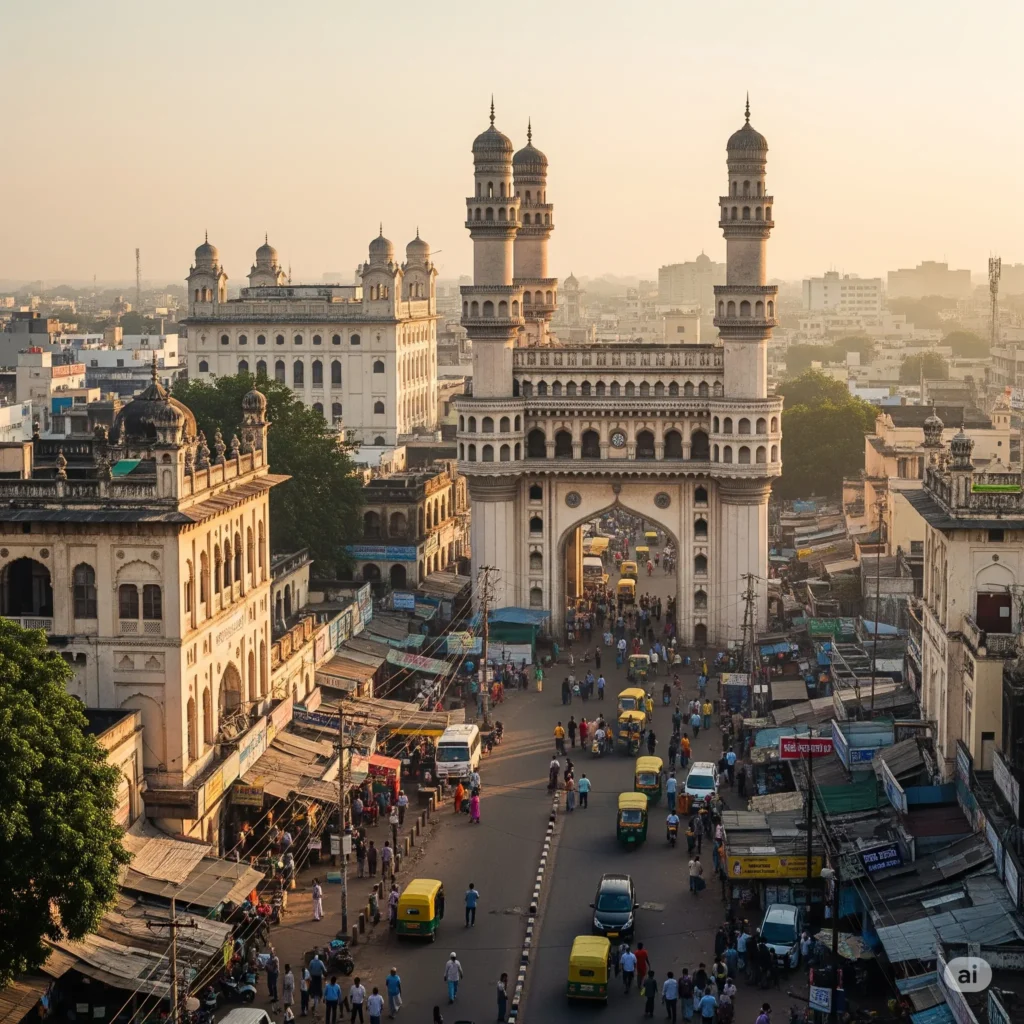 A bustling elevated view of Hyderabad's Charminar monument amidst a lively street scene.