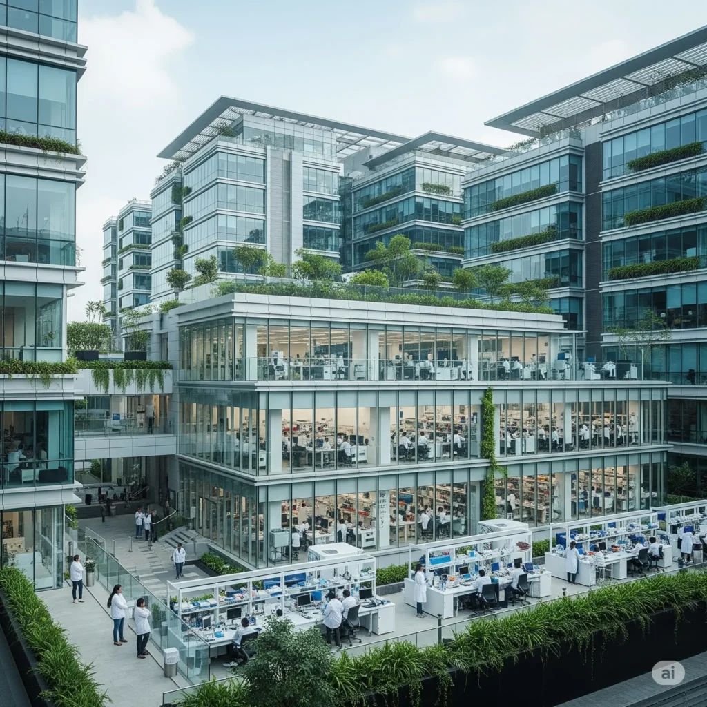 A modern, multi-story office complex with large glass windows revealing open-plan offices and laboratories where people in lab coats are working at desks.