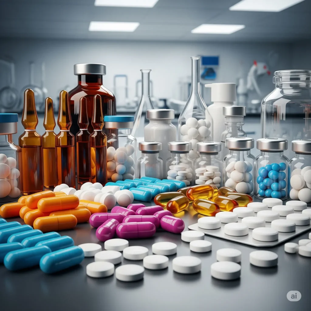 An array of colorful pharmaceutical pills, capsules, and vials are neatly arranged in a sterile lab, showcasing a diverse product portfolio for the pcd pharma franchise industry