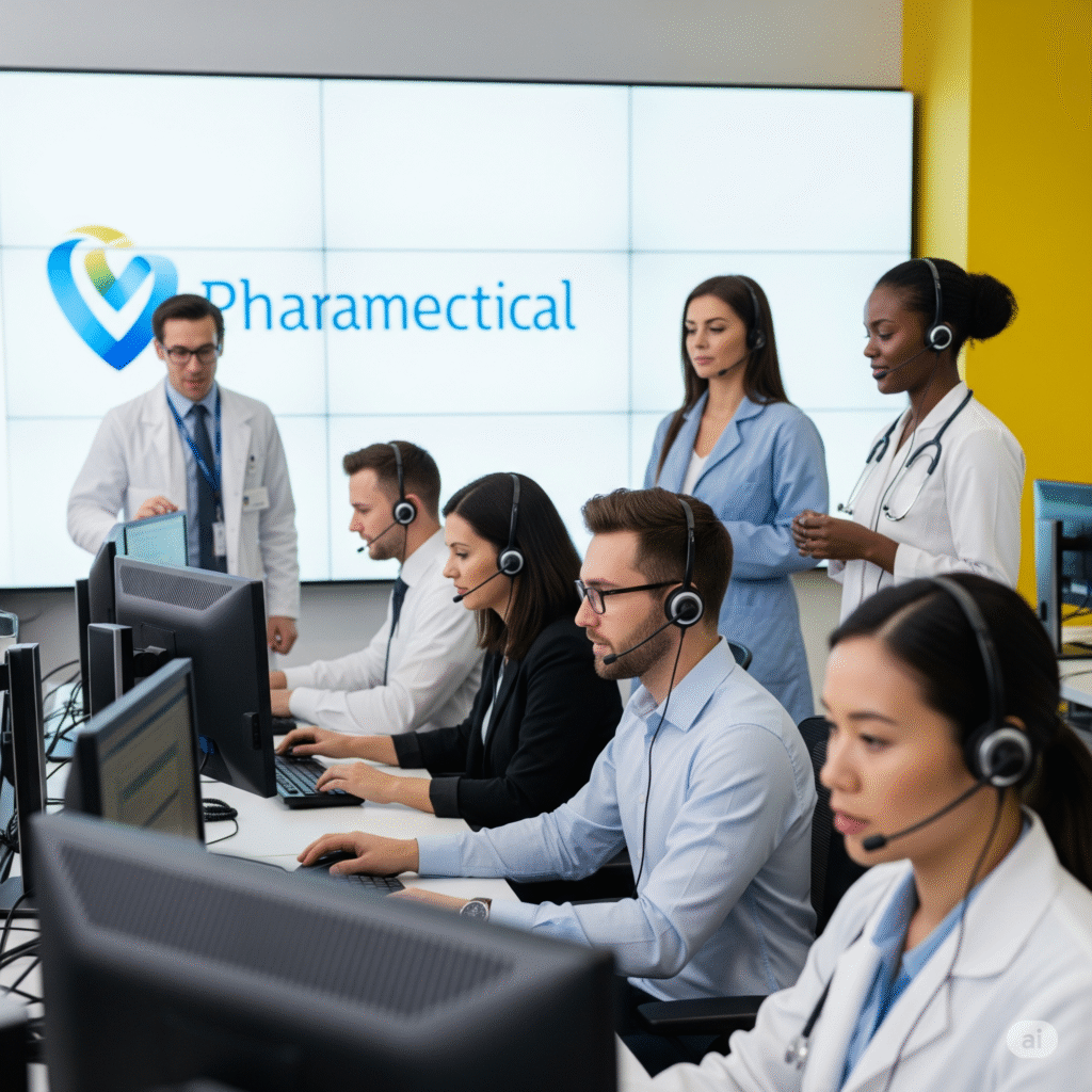A diverse team of customer service representatives wearing headsets works diligently at computers in a modern call center, with a pharmaceutical company
