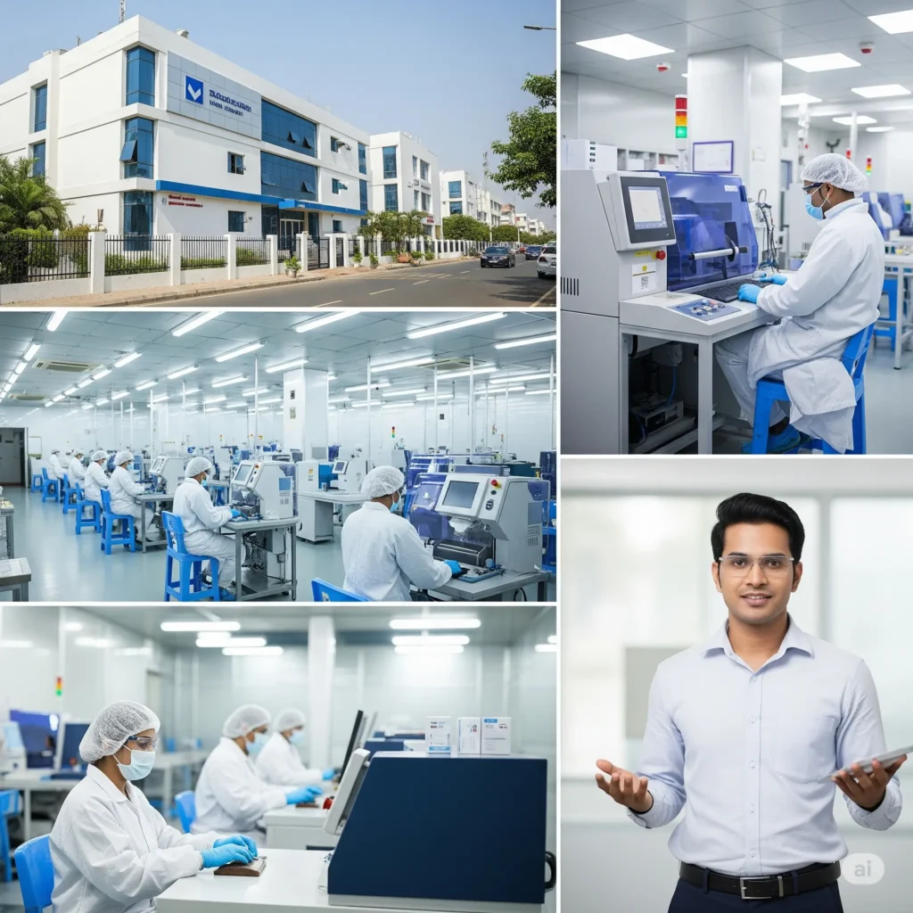 A collage depicting a modern pharmaceutical facility exterior, sterile lab environments with workers, and a professional holding a tablet, representing the pharma industry.