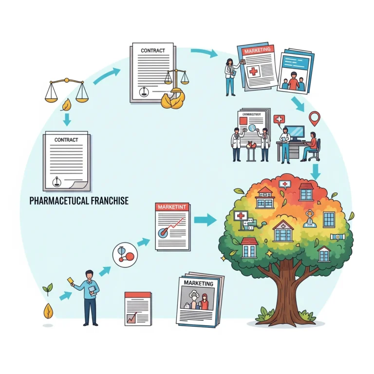 An infographic details the pharmaceutical franchise process, from contracts and marketing to business setup, depicted with a tree, houses, and various figures.