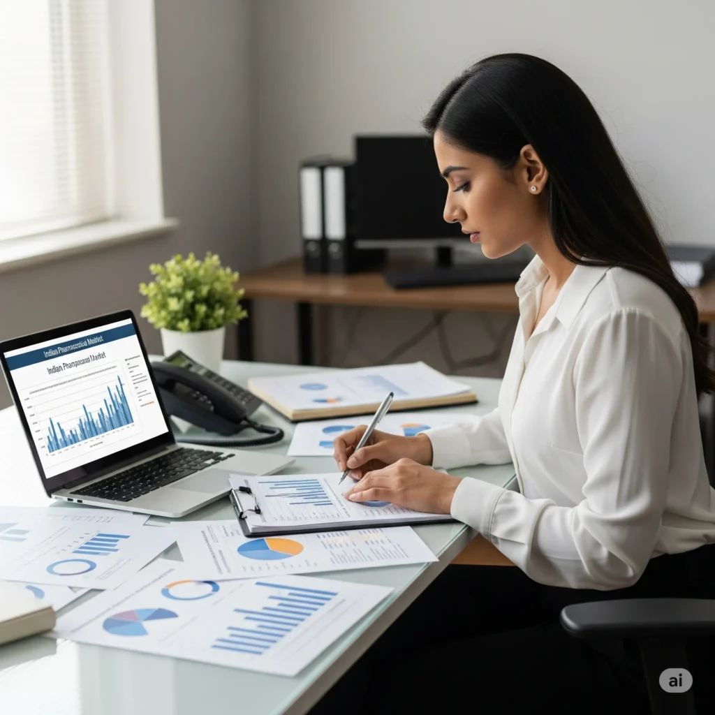 A woman at a desk intently writes on a clipboard amidst charts and a laptop displaying "Indian Pharmaceutical Market" data.