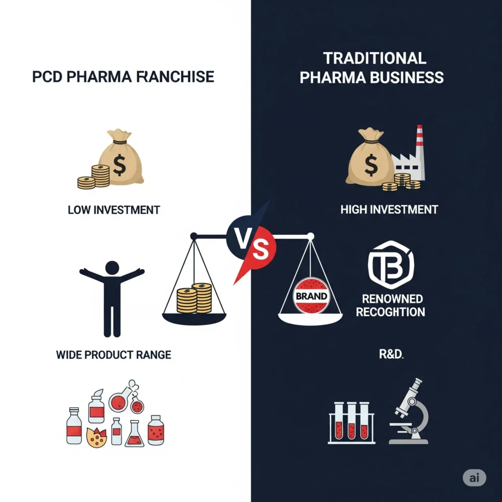 An infographic concisely compares "PCD Pharma Franchise" with "Traditional Pharma Business" using a scale and icons.