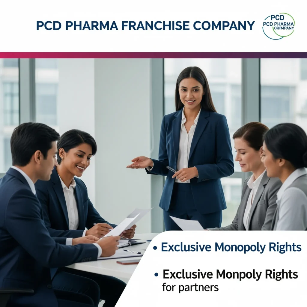 a business meeting with a woman presenting to four seated individuals, featuring the text "PCD PHARMA FRANCHISE COMPANY" and bullet points highlighting "Exclusive Monopoly Rights" and "Exclusive Monopoly Rights for partners
