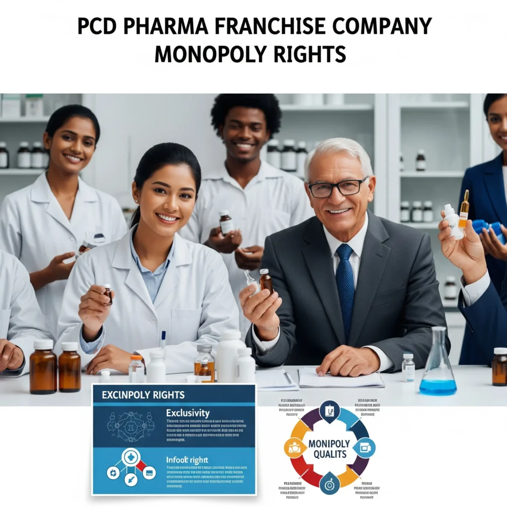 a diverse group of pharmaceutical professionals holding product bottles, with graphics about "EXCINPOLY RIGHTS" and "MONIPOLY QUALITS", and the title "PCD PHARMA FRANCHISE COMPANY MONOPOLY RIGHTS