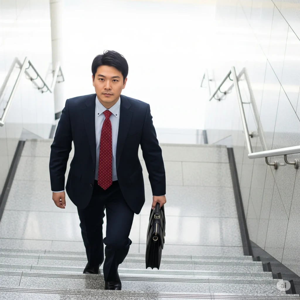 A formally dressed man with a briefcase walks up a flight of stairs in a bright, modern building.