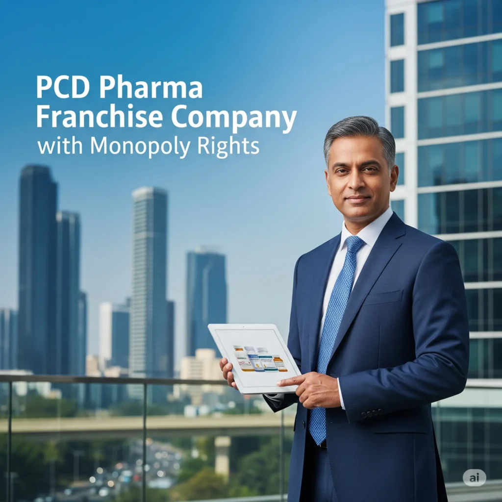 a man in a suit holding a tablet with pharmaceutical products, against a city skyline, with the text "PCD Pharma Franchise Company with Monopoly Rights";