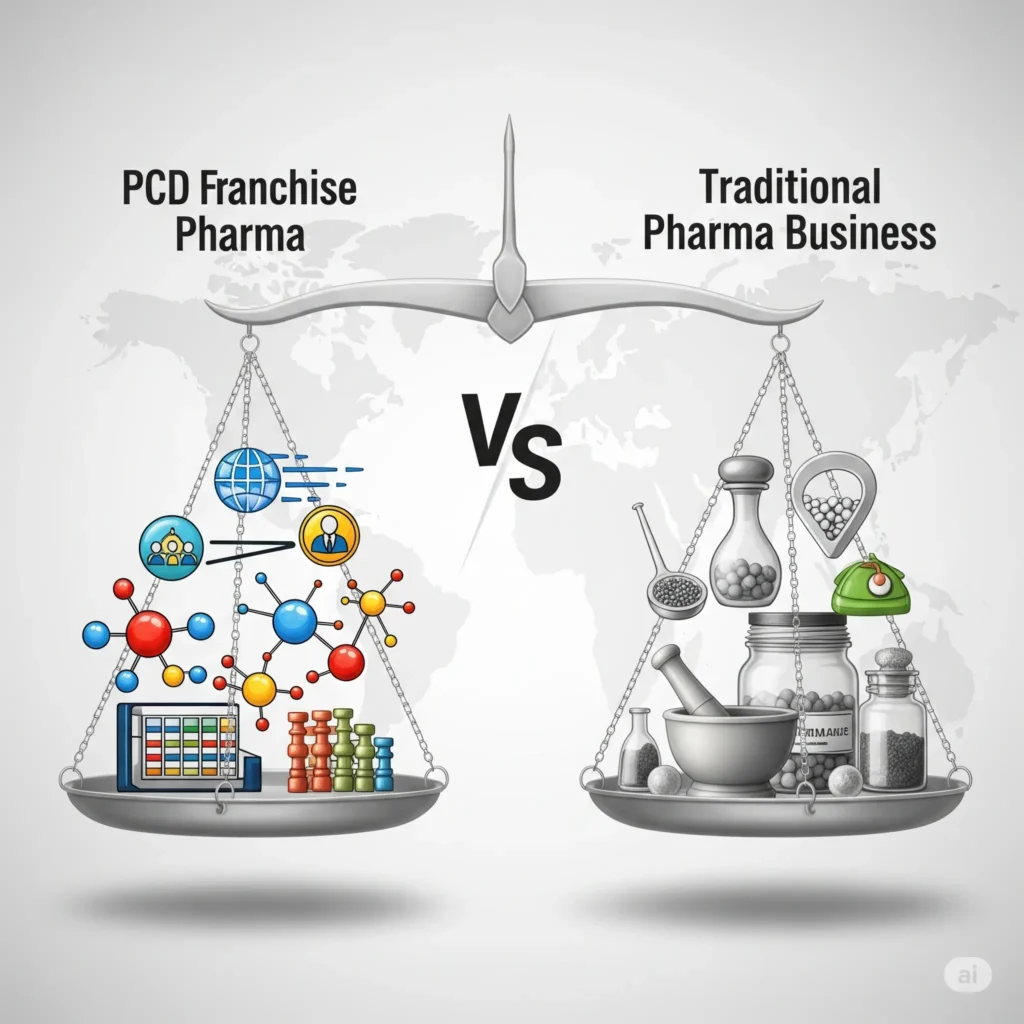 An infographic contrasts modern "PCD Franchise Pharma" with traditional pharma using a balanced scale