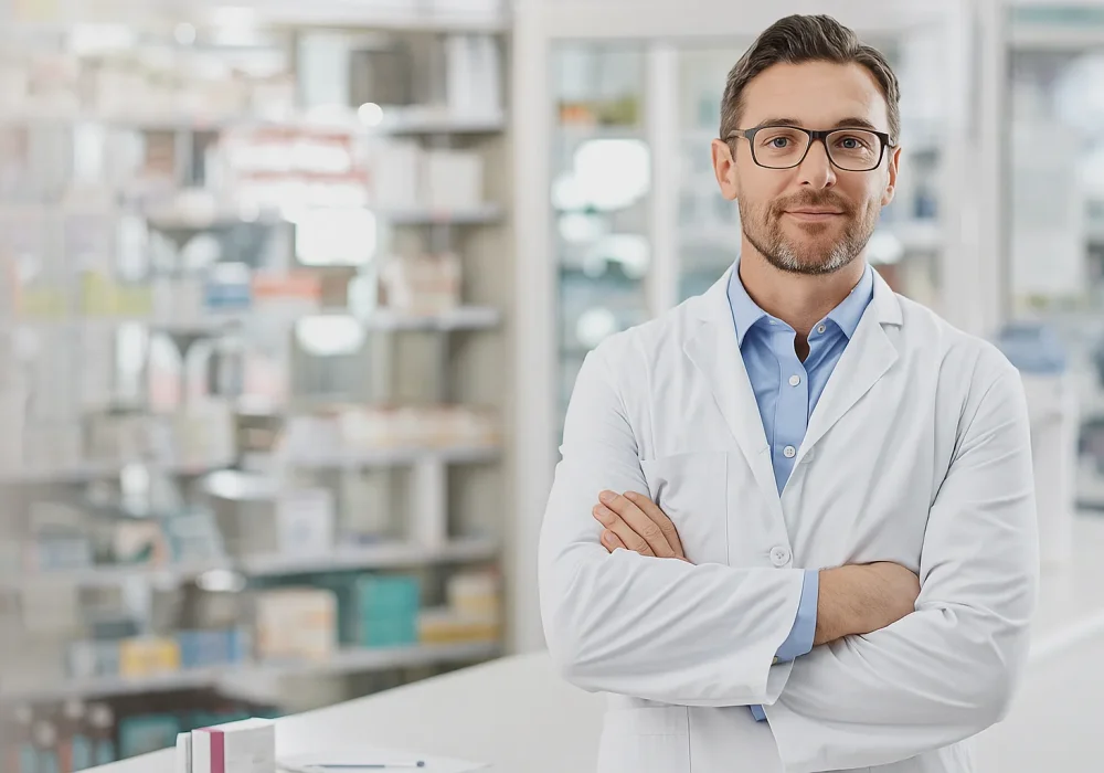 Chemist with medicine for PCD Pharma